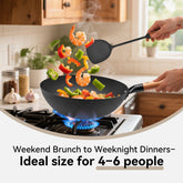 WANGYUANJI 11.8 Inch Iron Wok with Glass Lid, Flat Bottom Stir Fry Pan with Wooden Handle, Non-Coated Naturally Nonstick Skillet, Traditional Chinese Wok for Gas, Electric & Induction Cooking